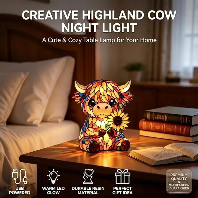 Highland Cow Stained Glass Sunflower LED Night Light Figurine 14 Highland Cow Stained Glass Sunflower LED Night Light Figurine