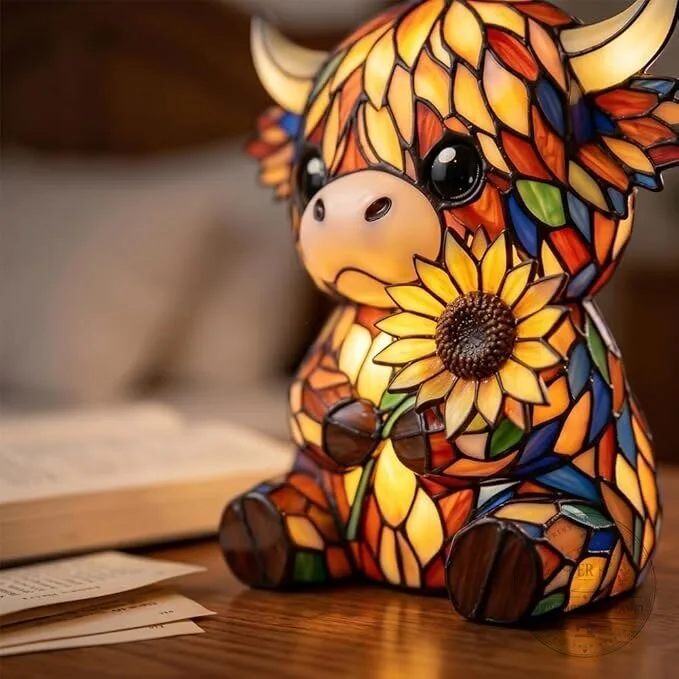Highland Cow Stained Glass Sunflower LED Night Light Figurine 15 Highland Cow Stained Glass Sunflower LED Night Light Figurine