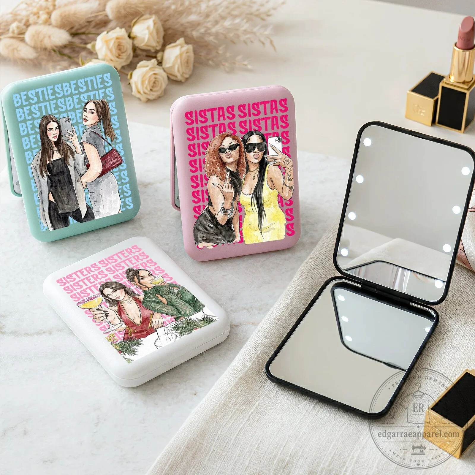 Personalized Best Friends LED Compact Mirror, Custom Sisters Travel Makeup Mirror