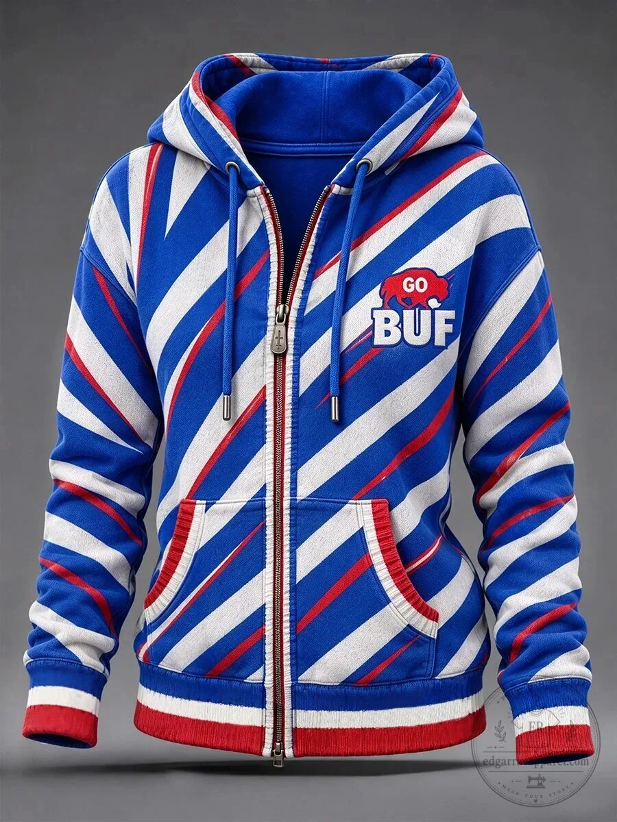 Buffalo Bills Football Fan Go BUF Striped Full Zip Hoodie