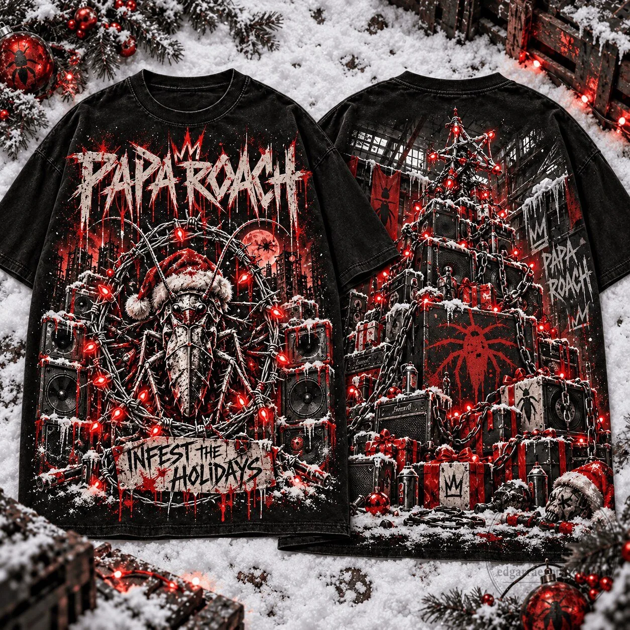 Papa Roach Infest The Holidays Santa Cockroach Barbed Wire Chains Christmas T-Shirt
