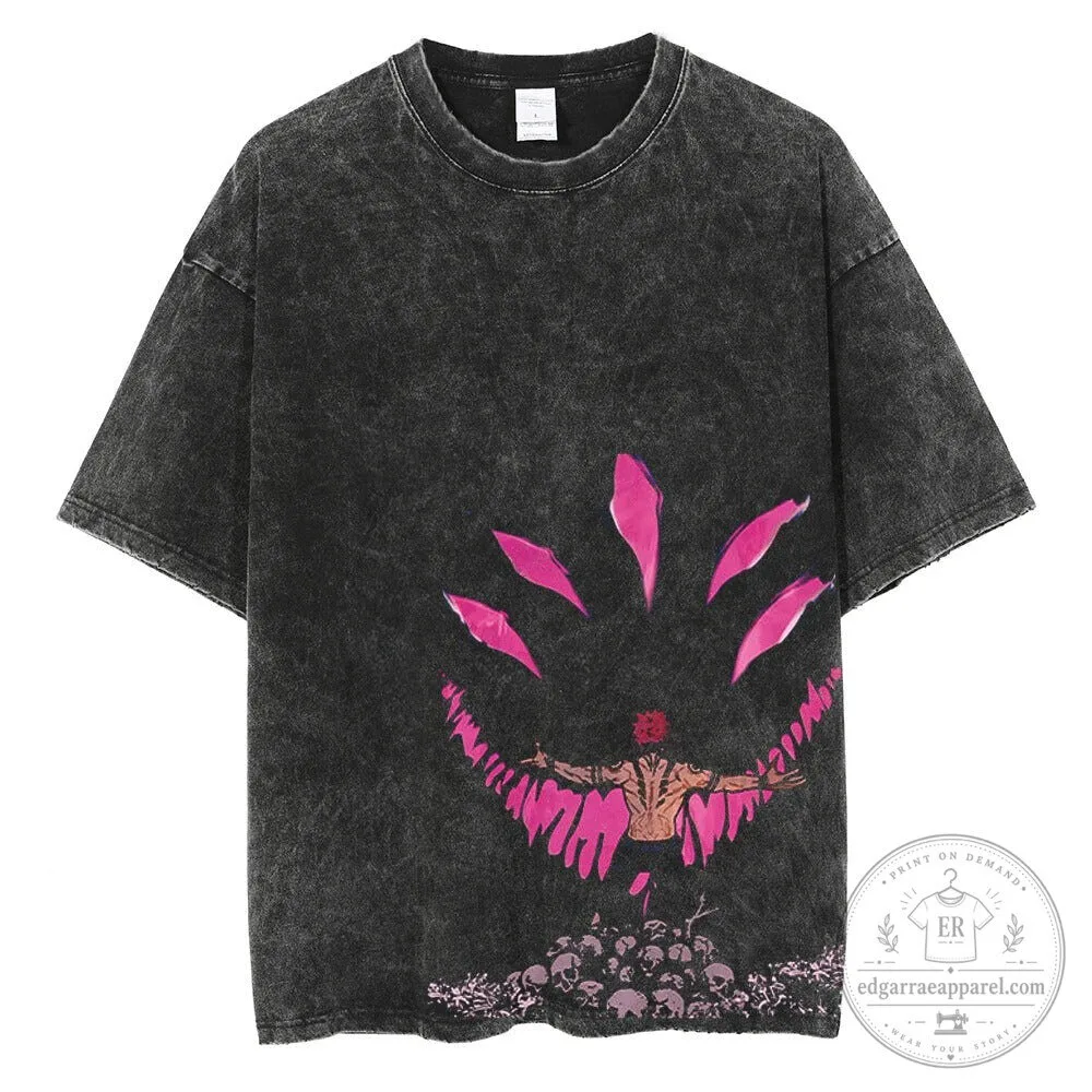 Sukuna Jujutsu Kaisen Anime Vintage Washed Black Graphic T-Shirt