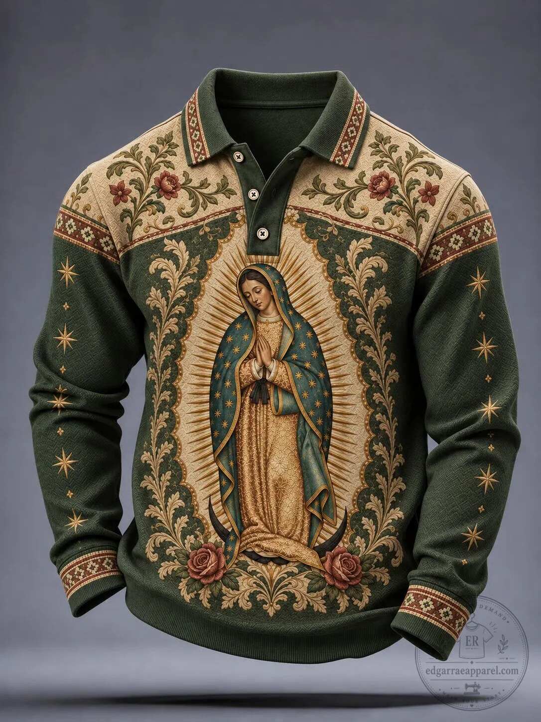 Our Lady of Guadalupe Virgin Mary Catholic Faith Art Long-Sleeve Polo Shirt