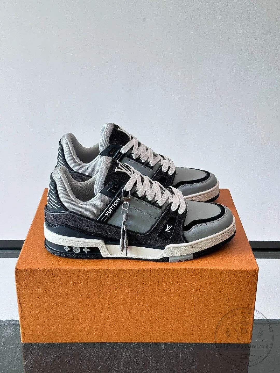 Louis Vuitton Trainer Sneakers Gray Black White Lace Up Shoes