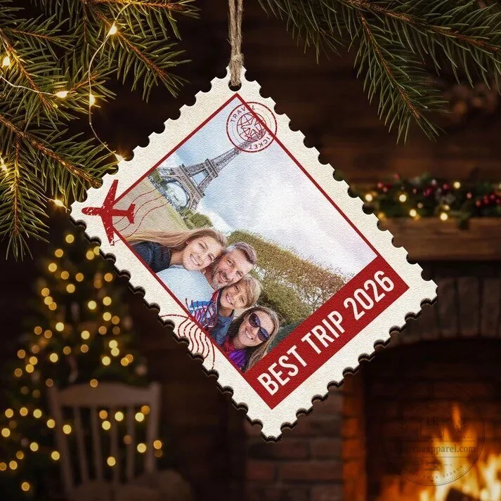 Personalized Photo Postage Stamp Christmas Ornament, Custom Family Travel Keepsake
