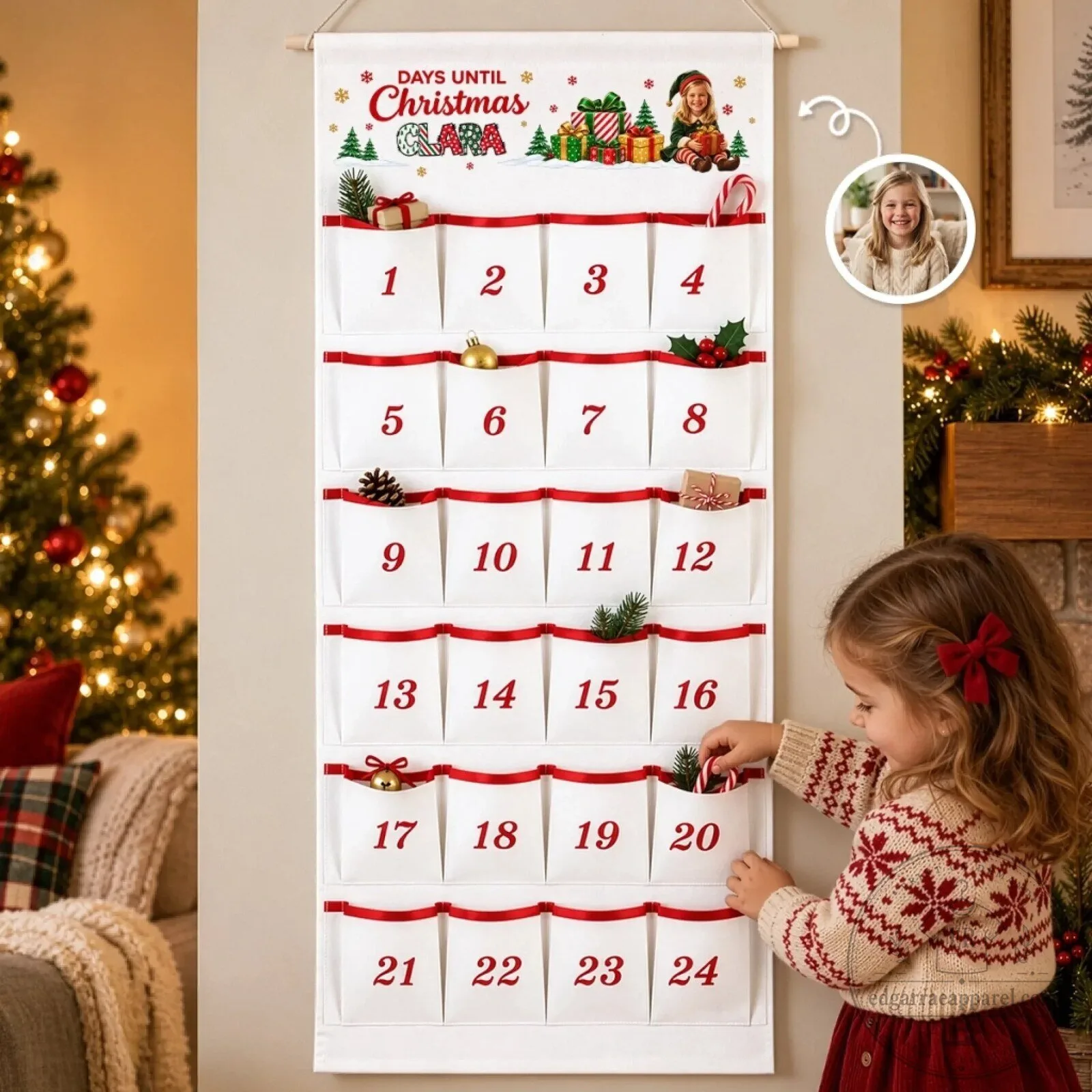 Personalized Christmas Advent Calendar with Photo and Pockets for Kids