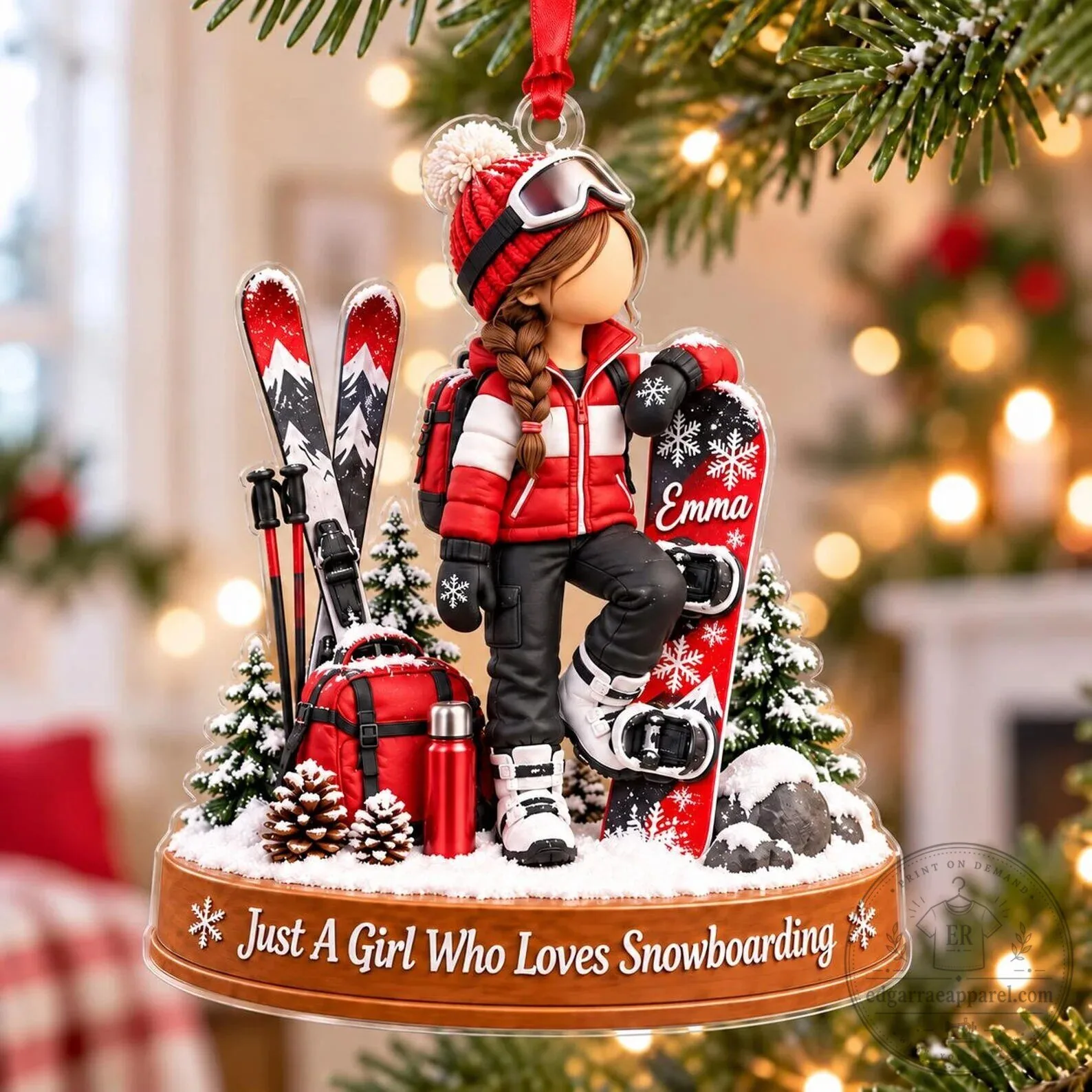 Personalized Snowboarding Girl Christmas Ornament, Custom Name Winter Sports Decor