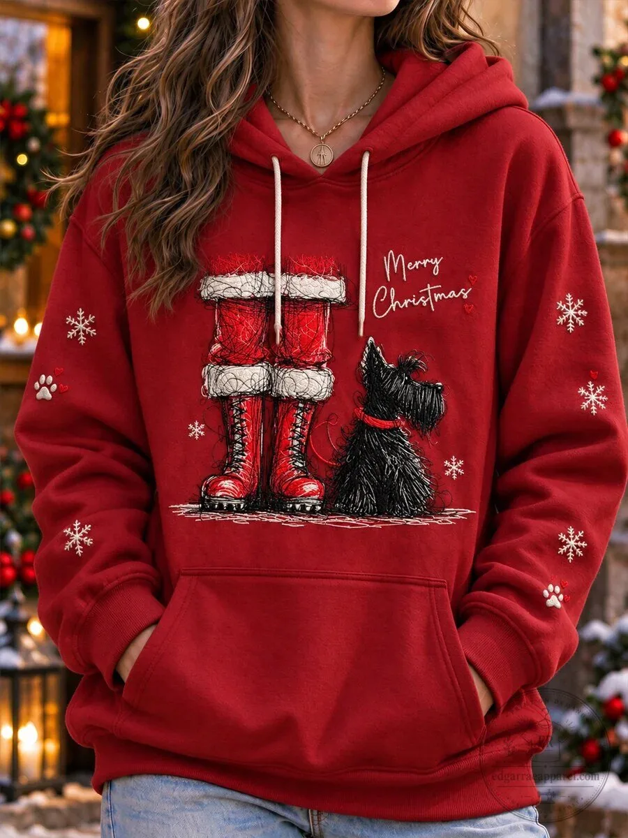 Scottish Terrier Dog Merry Christmas Santa Boots Red Hoodie for Women