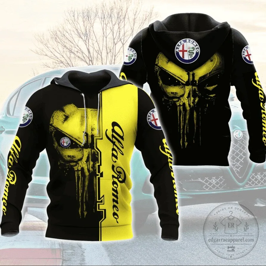 Alfa Romeo Punisher Skull Black and Yellow Racing Car Fan Hoodie