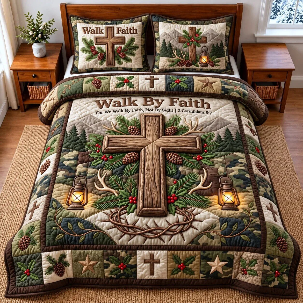 Walk By Faith Christian Camouflage Antler Cross Quilted Bedding Set
