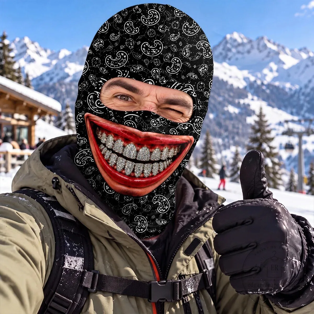 Diamond Grillz Smile Bandana Ski Mask - Funny Winter Balaclava Face Cover
