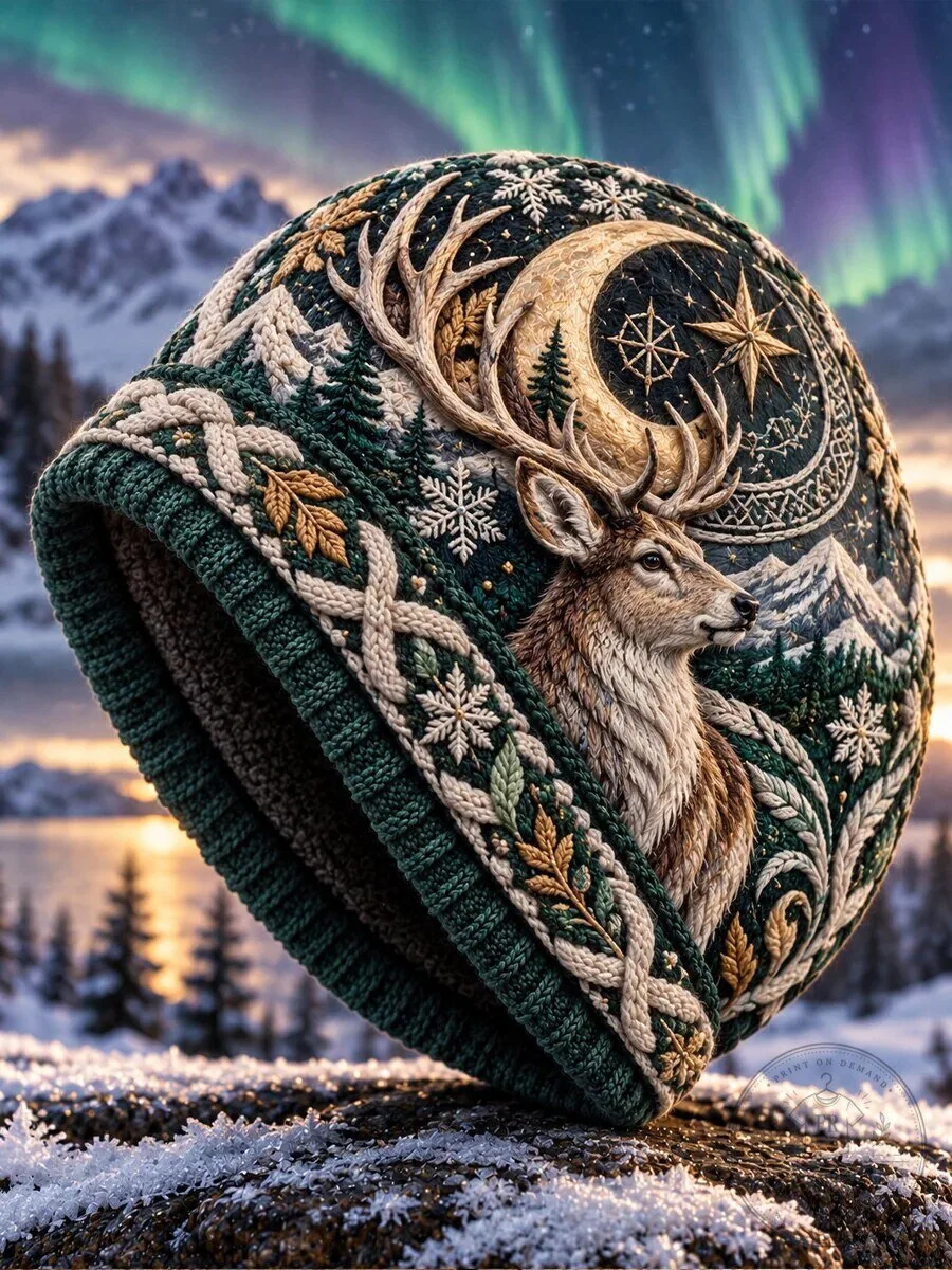 Nordic Winter Reindeer and Forest Knit Beanie Hat with Mountain Landscape
