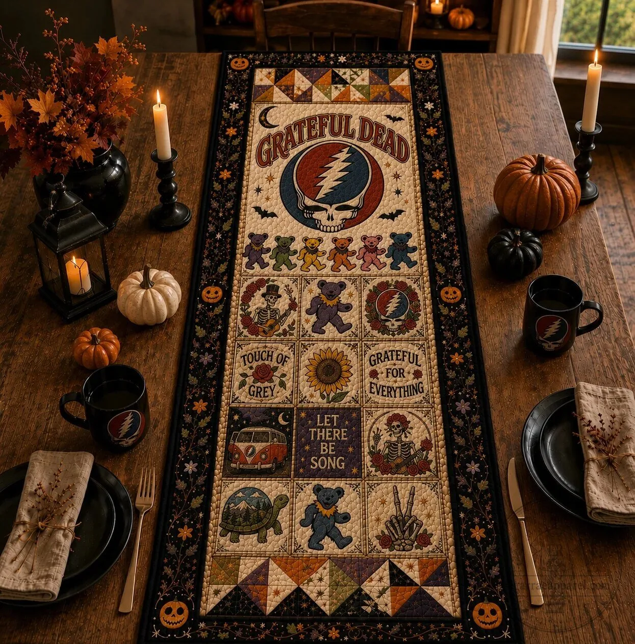 Grateful Dead Halloween Table Runner, Dancing Bears Quilted Table Decor