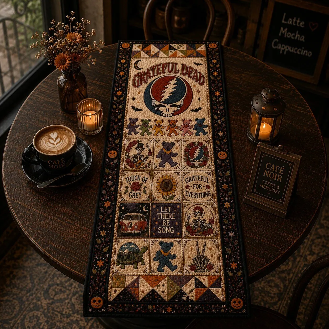 Grateful Dead Halloween Table Runner, Dancing Bears Quilted Table Decor 6 Grateful Dead Halloween Table Runner, Dancing Bears Quilted Table Decor