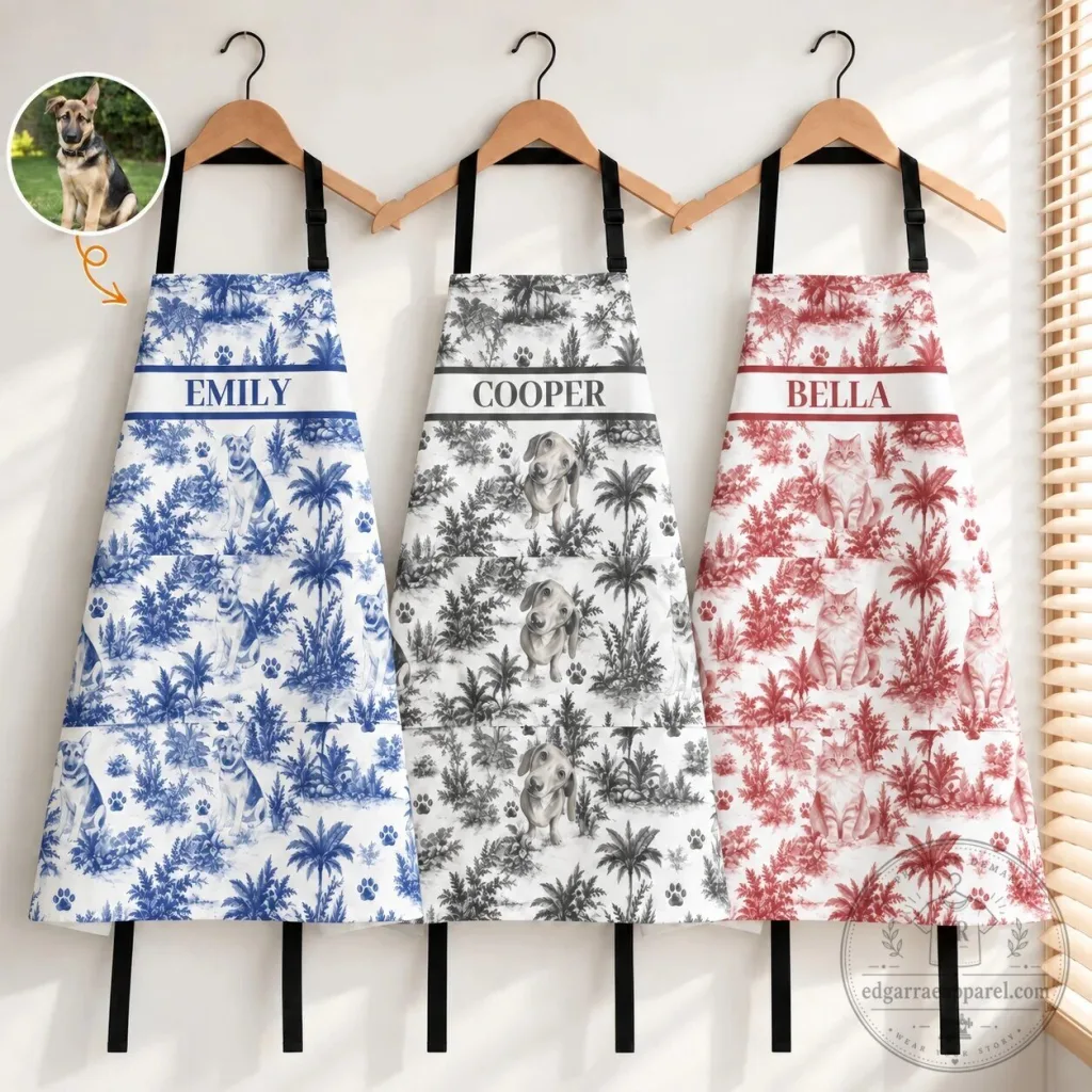 Personalized Pet Portrait Toile De Jouy Pattern Custom Name Apron Personalized Pet Portrait Toile De Jouy Pattern Custom Name Apron