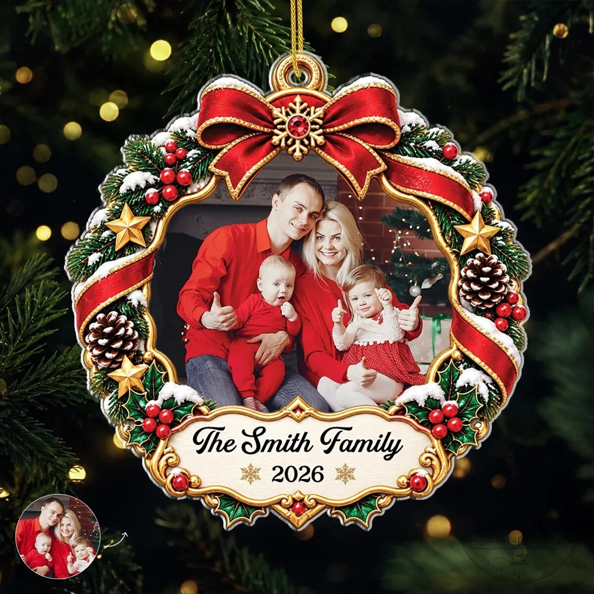 Personalized Family Photo Christmas Wreath Ornament Custom Holiday Keepsake Gift