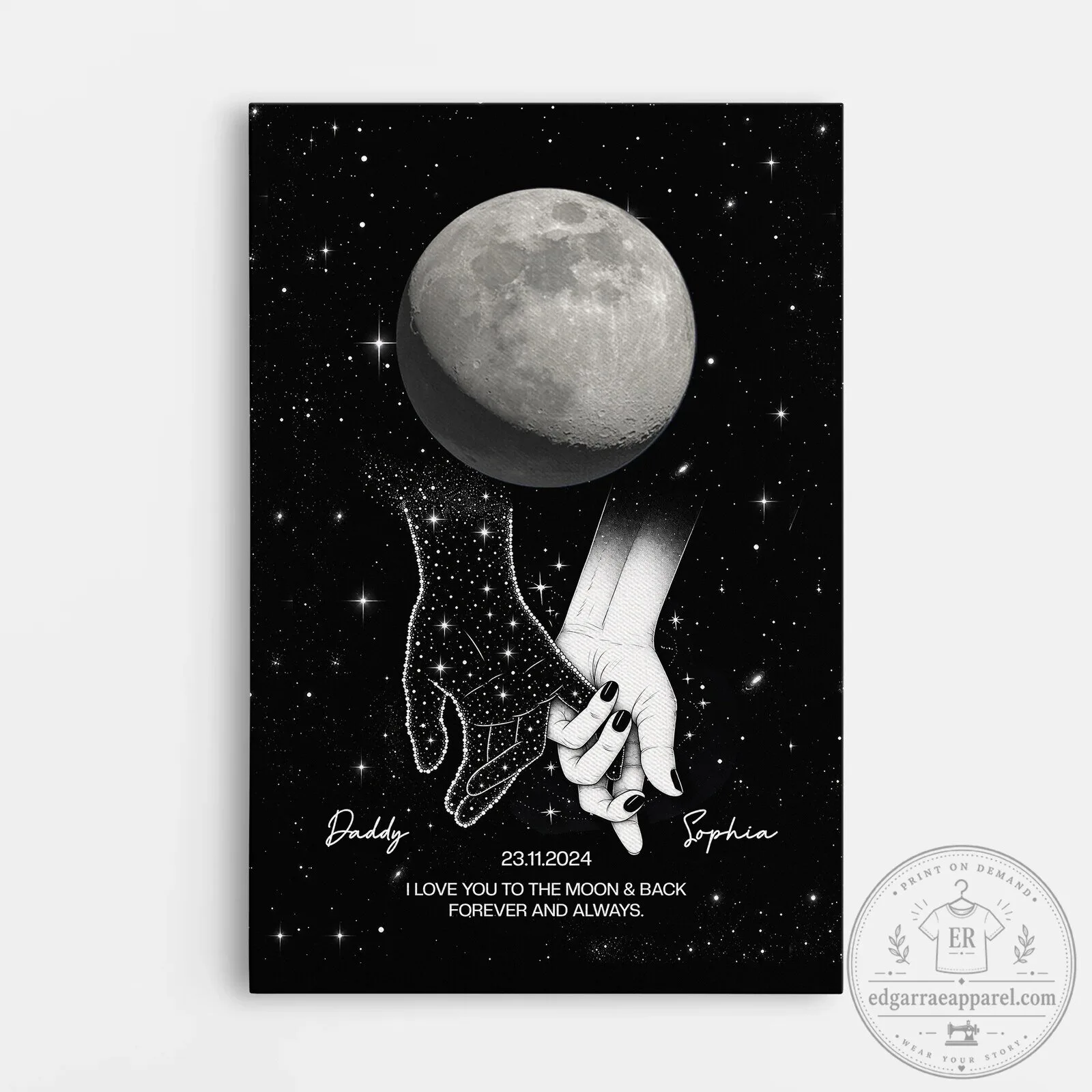Custom Moon Phase Galaxy Holding Hands Memorial Canvas Wall Art