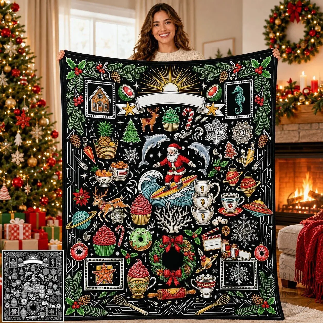 Christmas Holiday Santa Claus Surfing Winter Wonderland Fleece Blanket