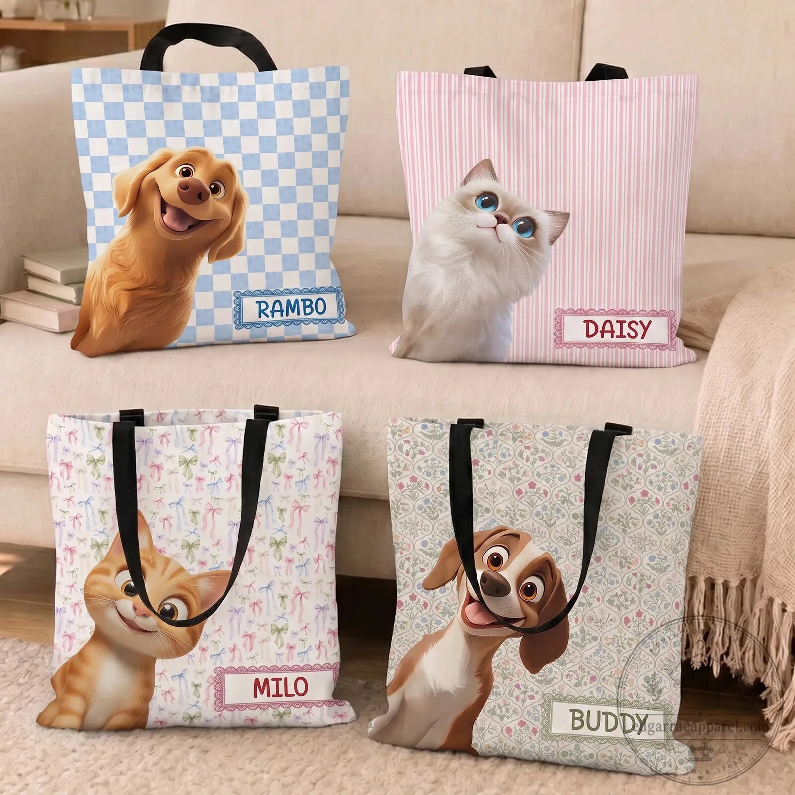 Personalized Pet Portrait Checkered Floral Pattern Tote Bag for Animal Lovers