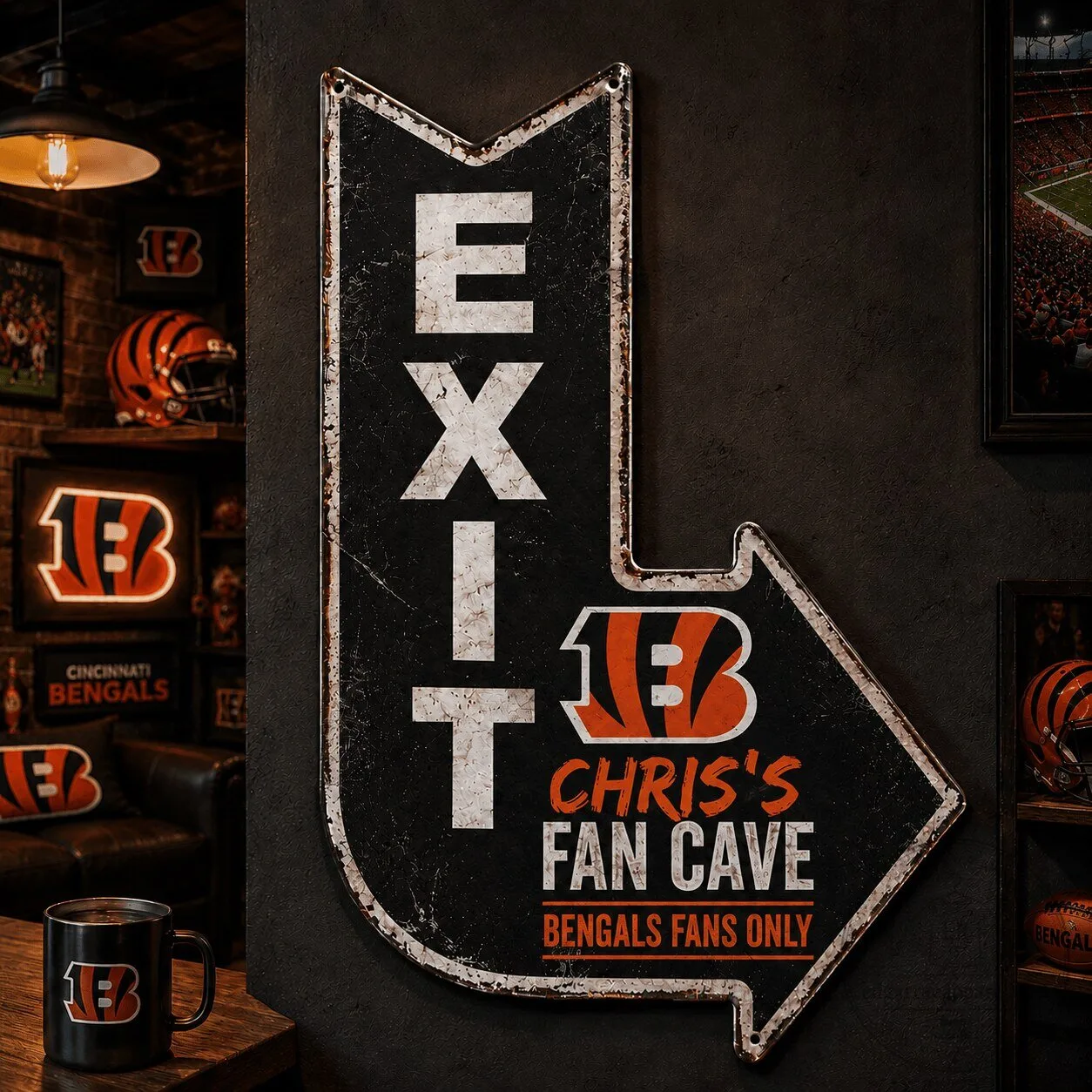 Cincinnati Bengals Personalized Fan Cave Exit Arrow Metal Sign