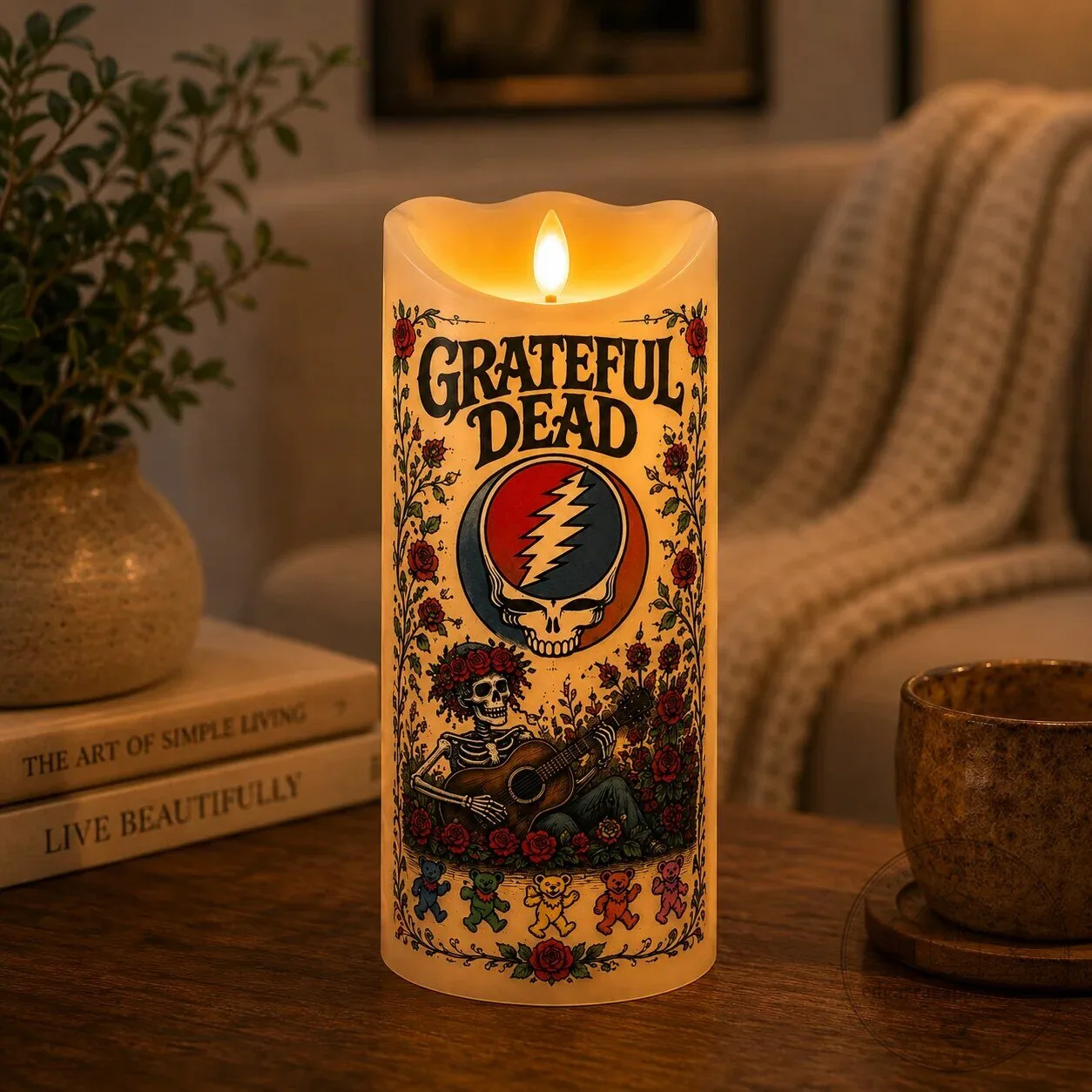 Grateful Dead Steal Your Face Skeleton Playing Guitar LED Candle