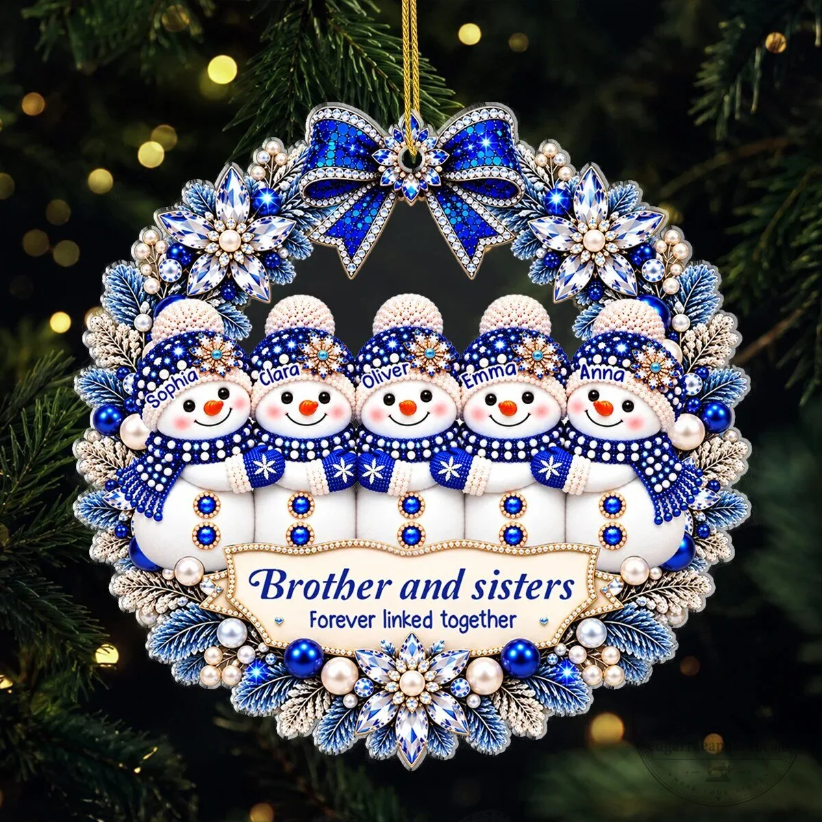 Personalized Snowman Family Brother and Sisters Forever Linked Together Christmas Ornament