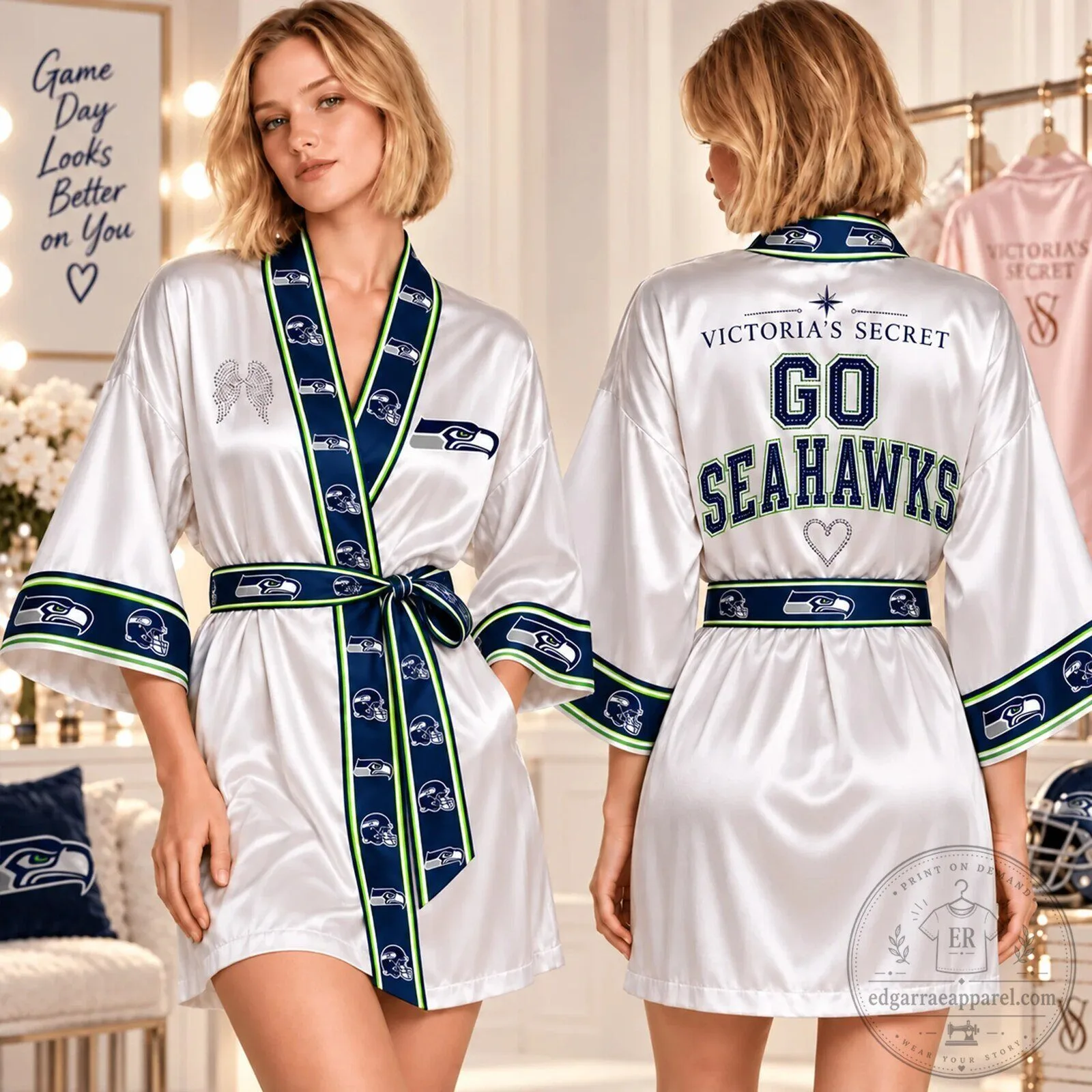Seattle Seahawks Football Team Logo White Satin Robe 3 Seattle Seahawks Football Team Logo White Satin Robe