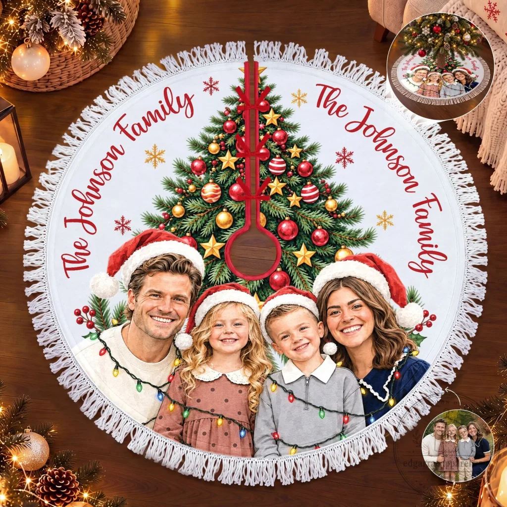 Personalized Family Photo Christmas Tree Skirt with Custom Name Personalized Family Photo Christmas Tree Skirt with Custom Name