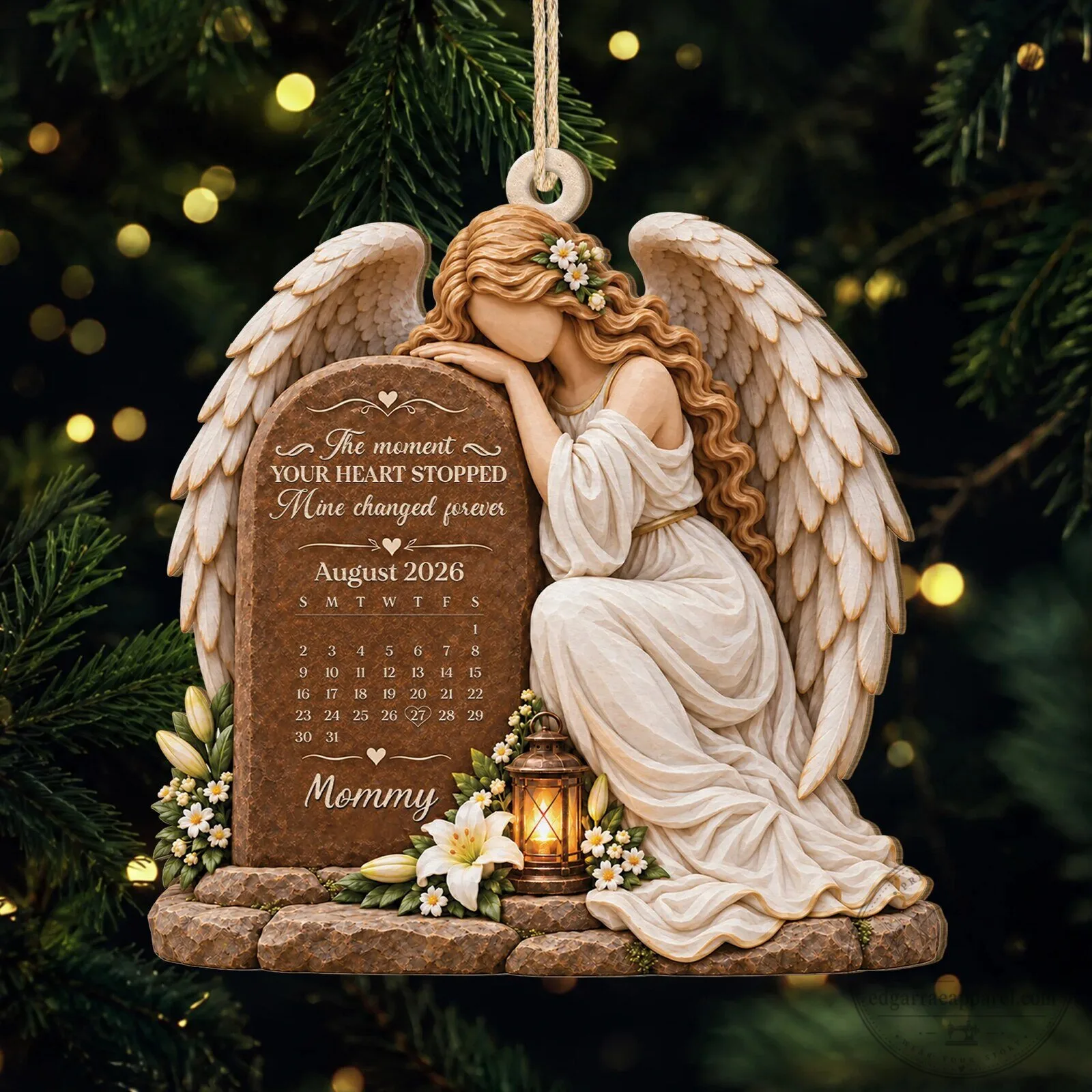 Personalized Memorial Angel Calendar Ornament with Custom Name and Date 2D