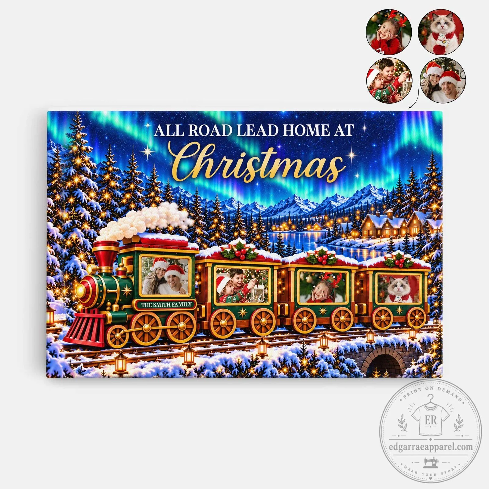 Personalized Christmas Train Family Photo Canvas Wall Art with Northern Lights