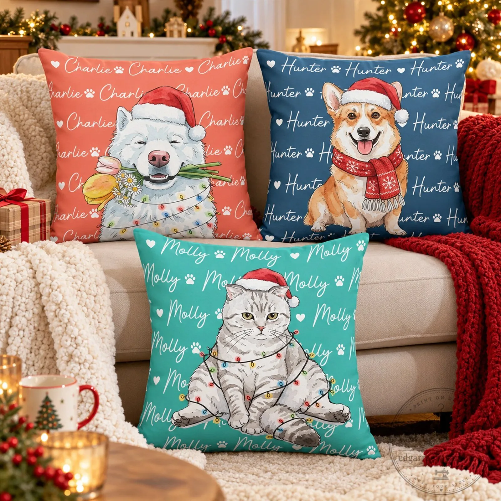 Personalized Christmas Pet Portrait Pillow Custom Dog Cat Name Holiday Decor Gift