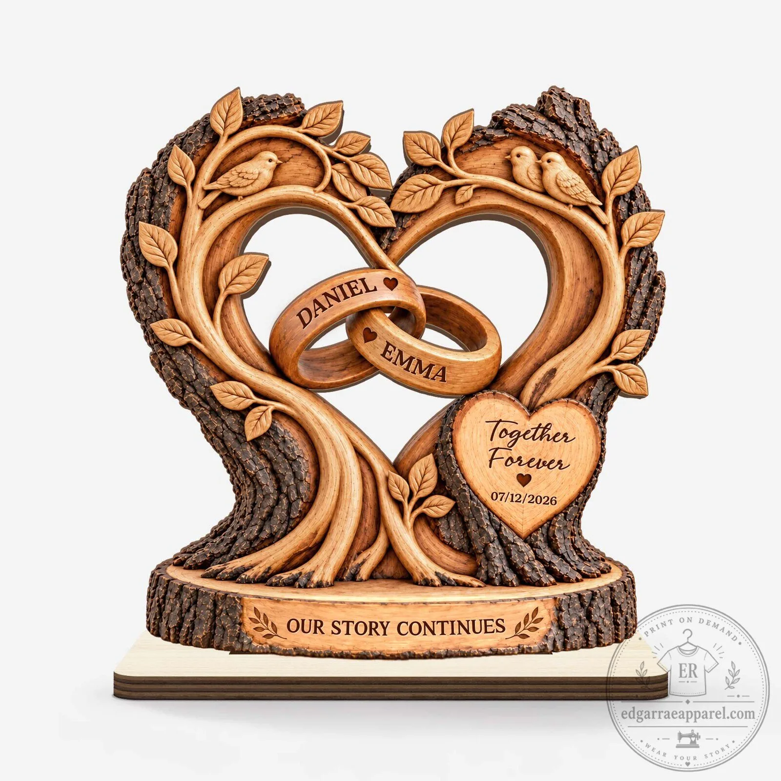 Personalized Interlocking Rings Heart Tree Wooden Plaque with Flat Stand