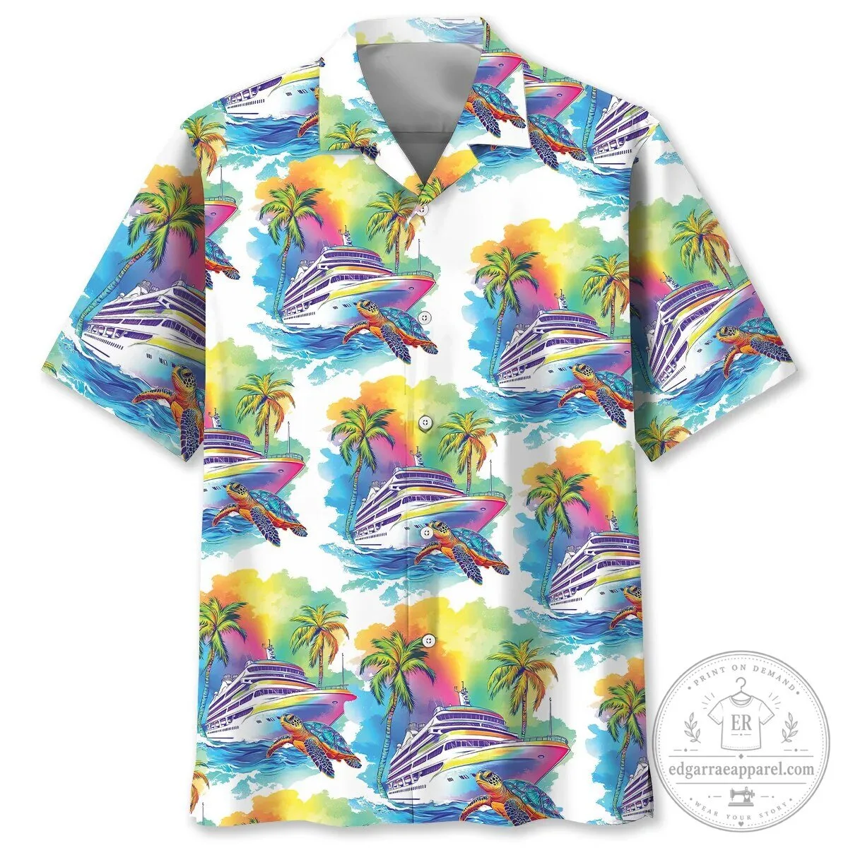 Colorful Cruise Ship and Sea Turtle Tropical Hawaiian Shirt