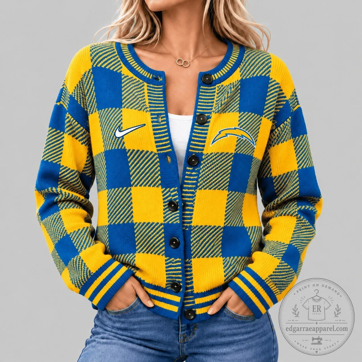 Los Angeles Chargers Buffalo Plaid Check Knit Cardigan Sweater