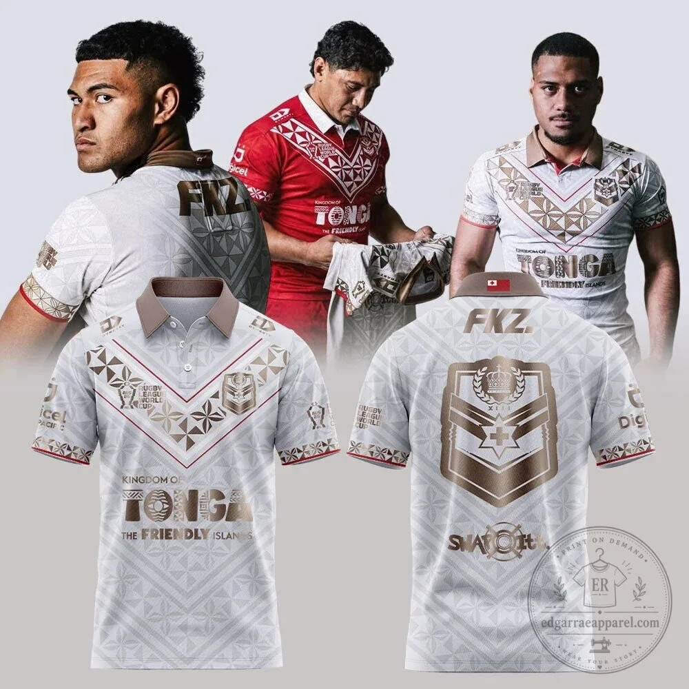 2026 World Cup Polo Shirt in Gold and White for Tonga Rugby League