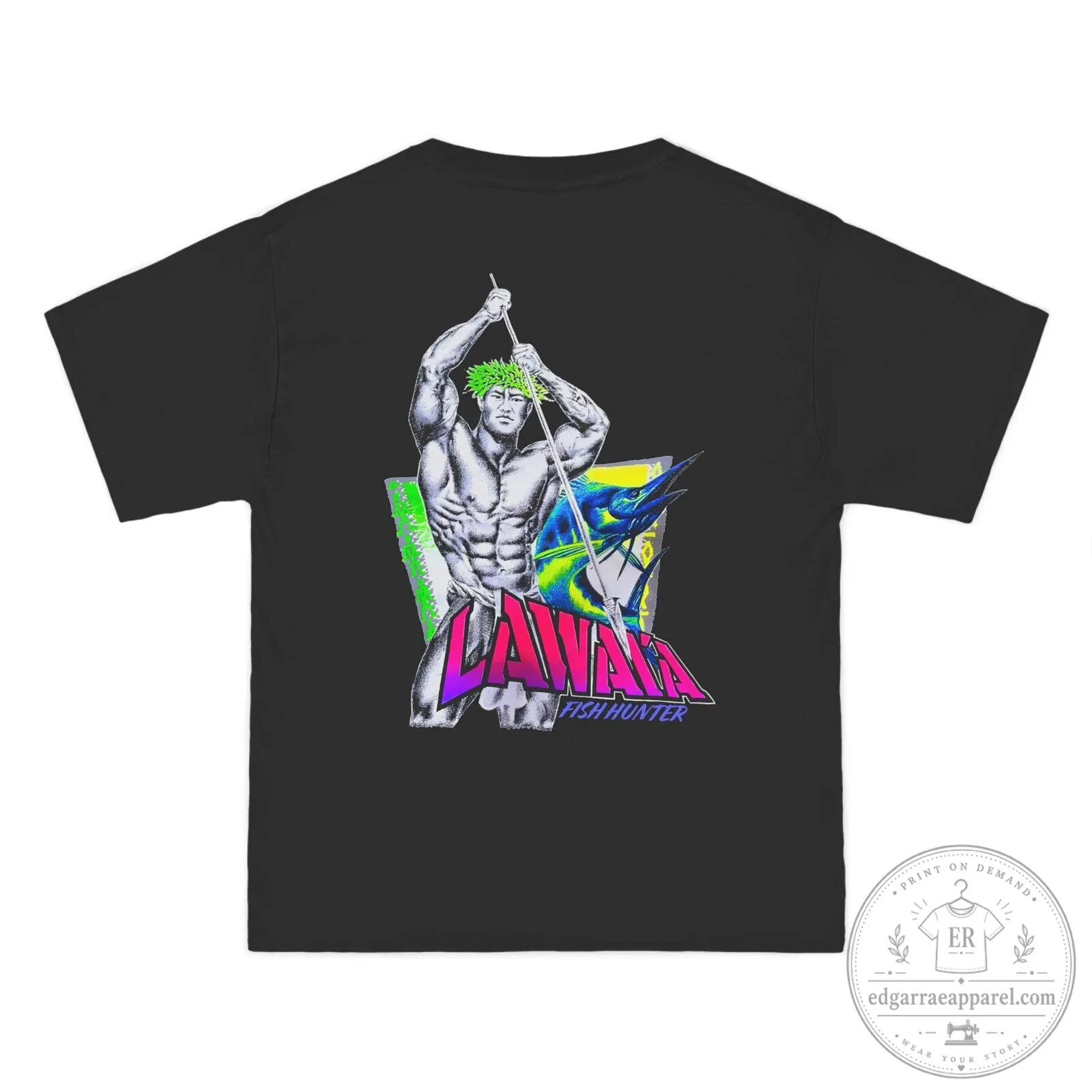 Lawai'a Fish Hunter Vintage Design 90s Style Graphic Print Black T-Shirt