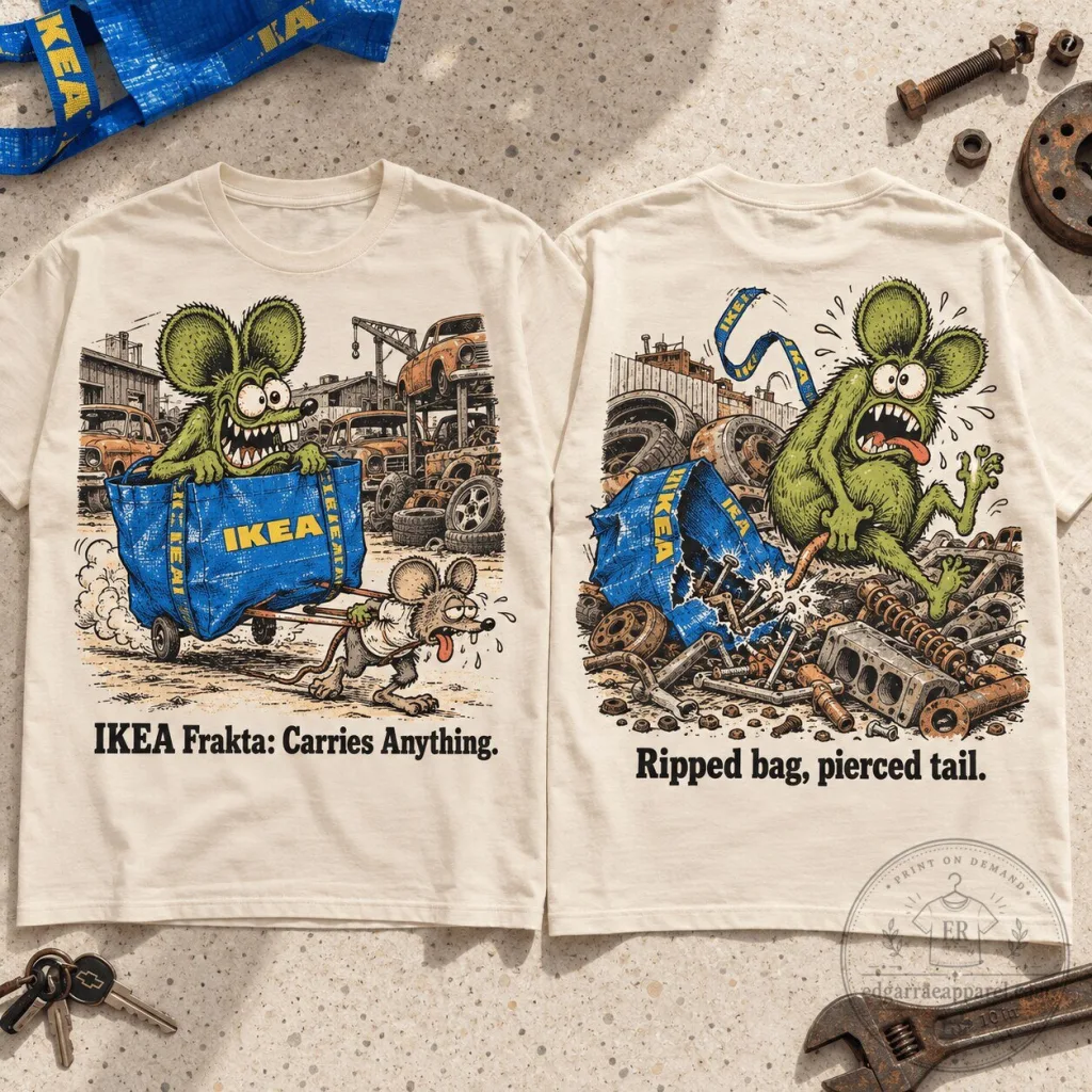 IKEA Frakta Rat Fink Carries Anything Ripped Bag Pierced Tail T-Shirt IKEA Frakta Rat Fink Carries Anything Ripped Bag Pierced Tail T-Shirt