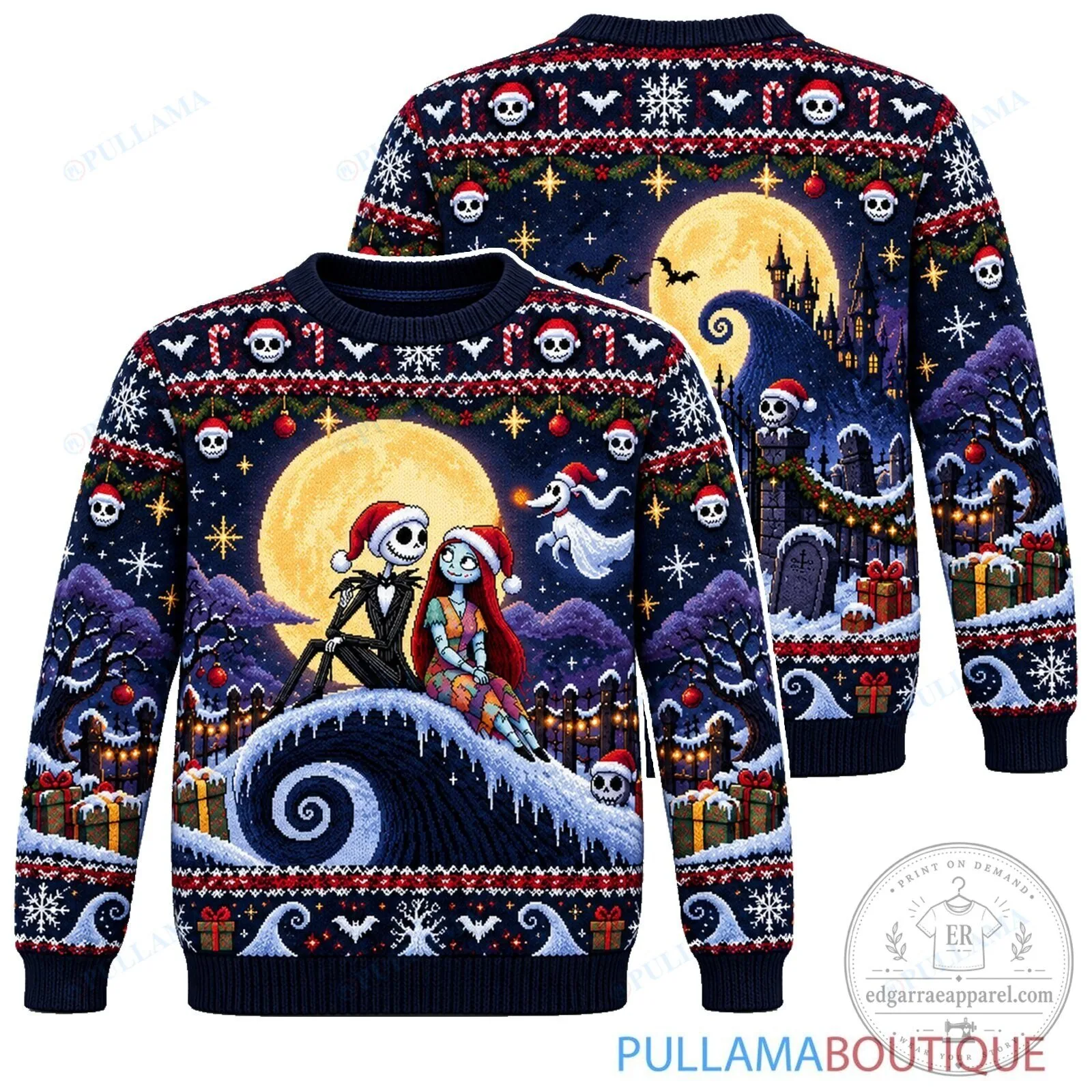 Jack Skellington and Sally Spiral Hill Snowy Moon Christmas Sweater