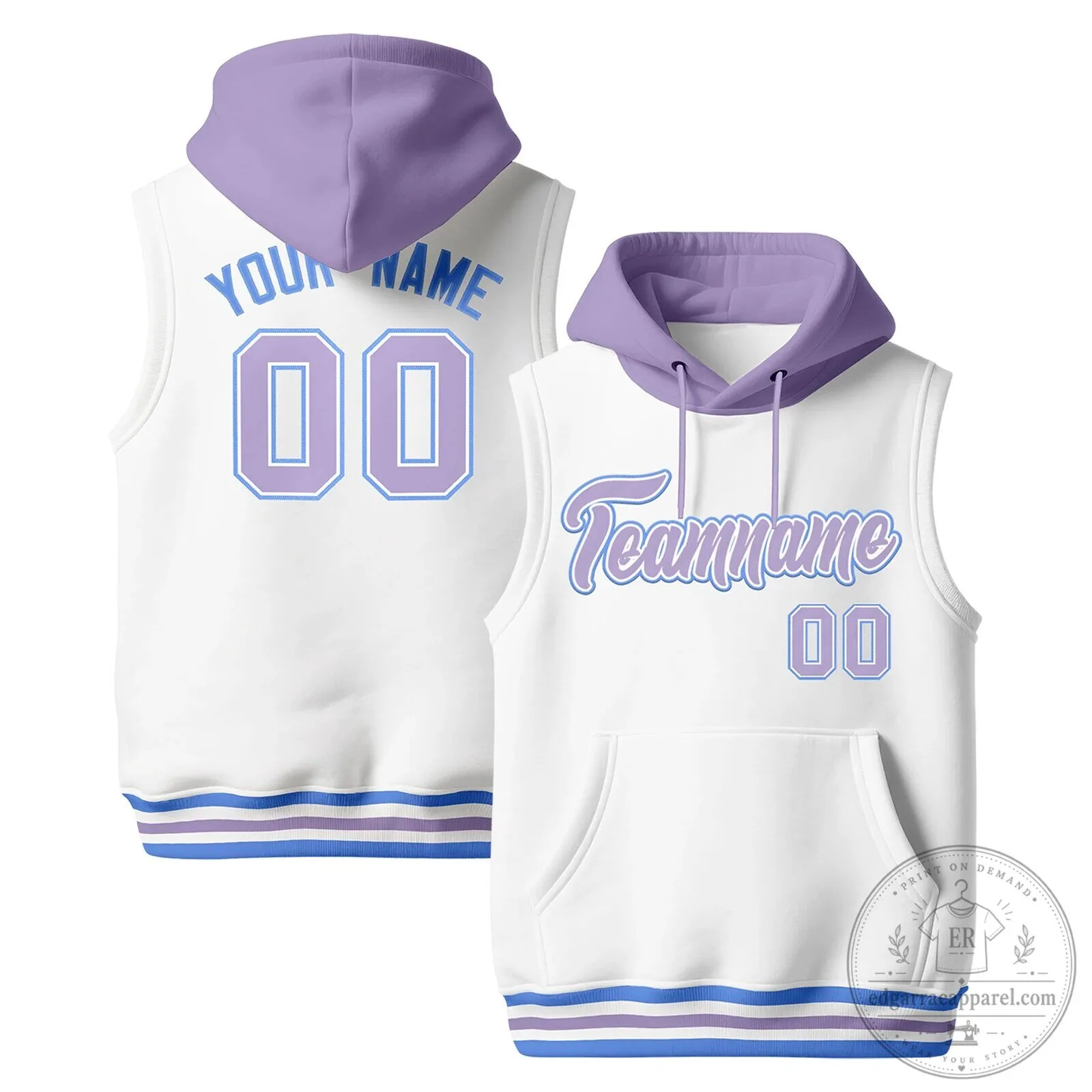 Custom White Light Purple Powder Blue Sleeveless Classic Style Hoodie