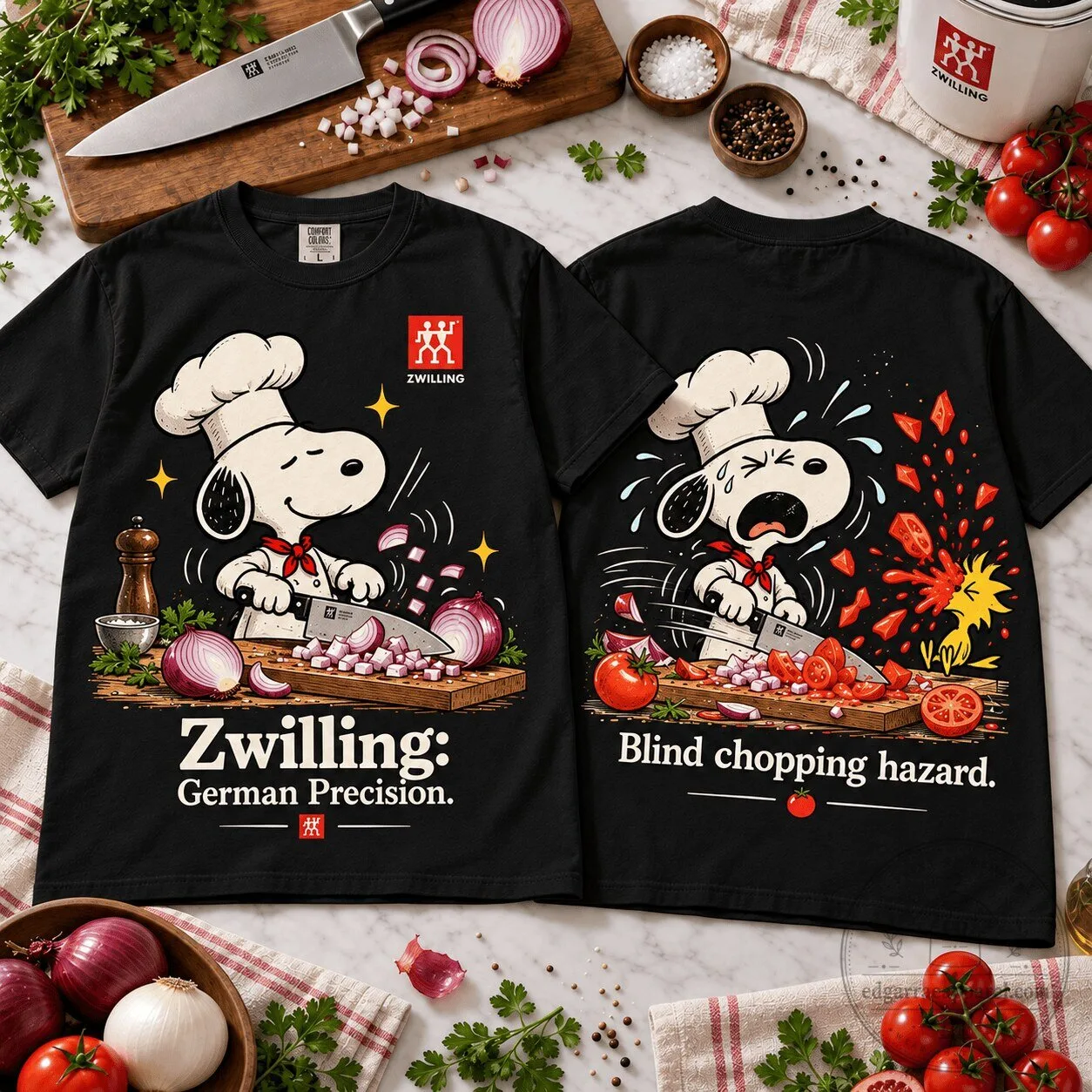 Snoopy Chef Blind Chopping Hazard Funny Kitchen Cooking Black T-Shirt