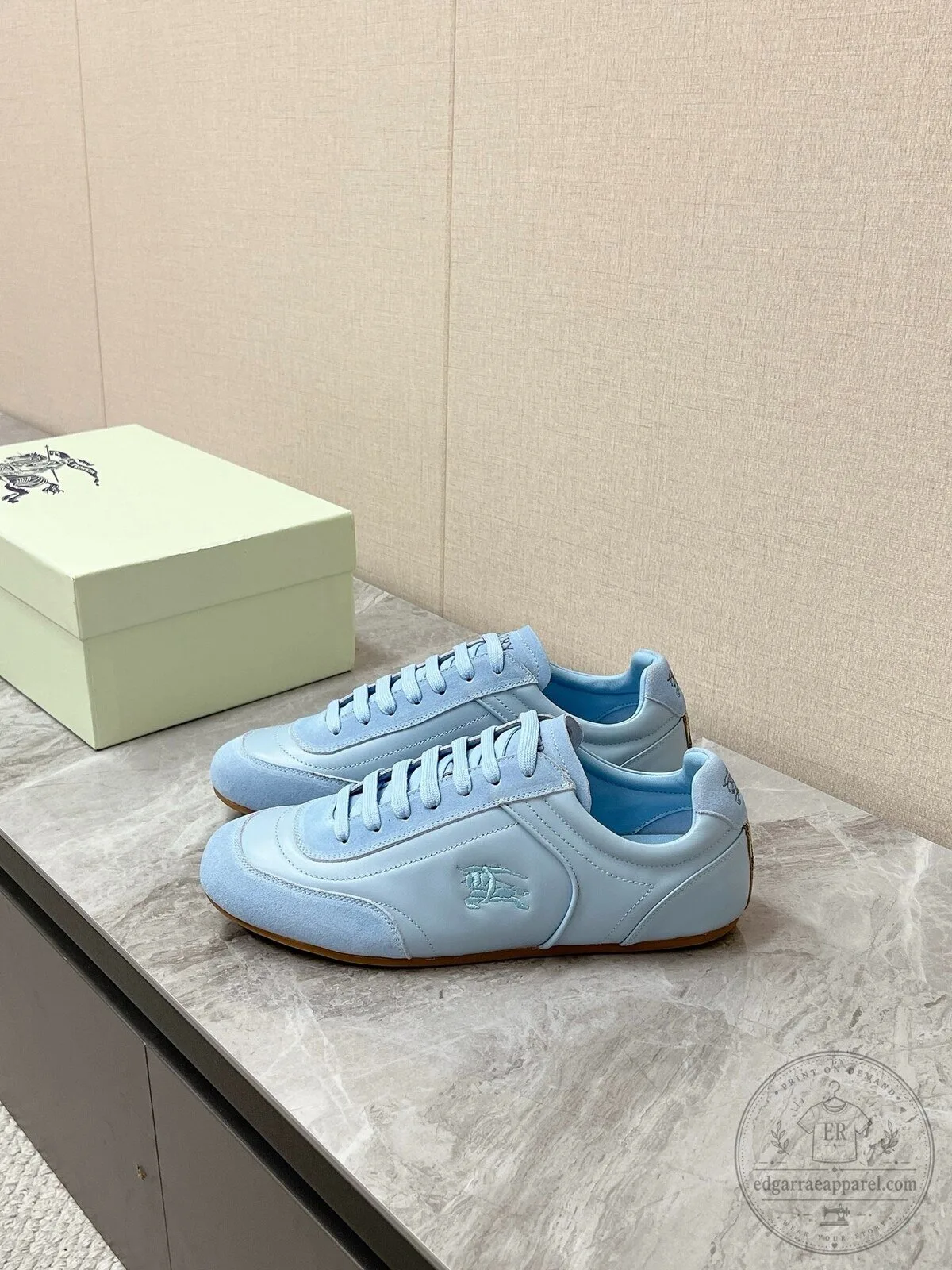 Burberry Light Blue Leather Low Top Sneakers with Suede Trim for Women