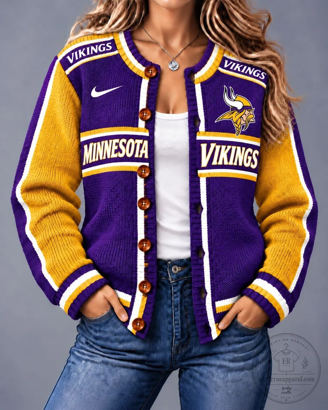 Minnesota Vikings NFL Vintage Varsity Style Cardigan Sweater for Women