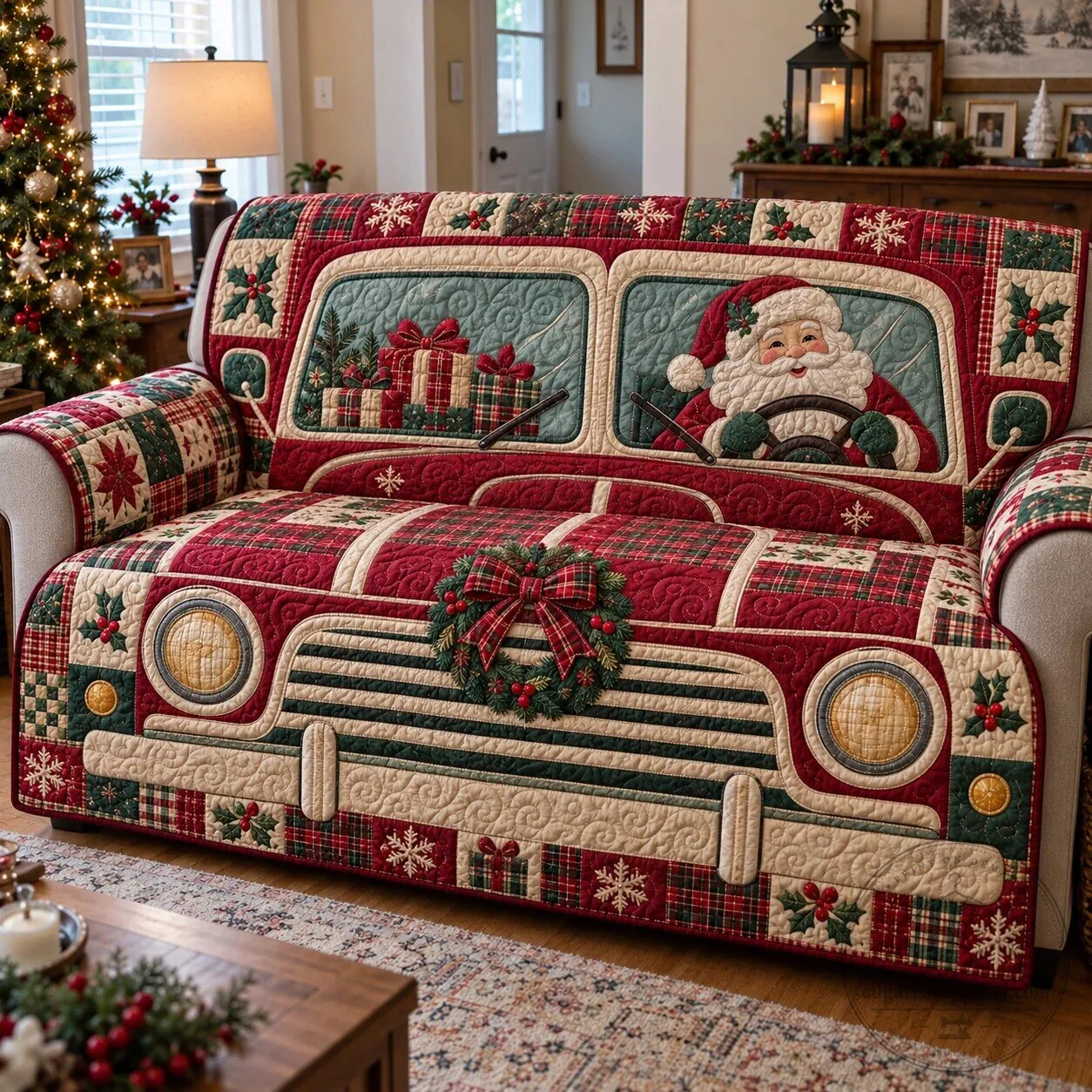 Christmas Santa Claus Driving Truck Quilted Sofa Cover Protector