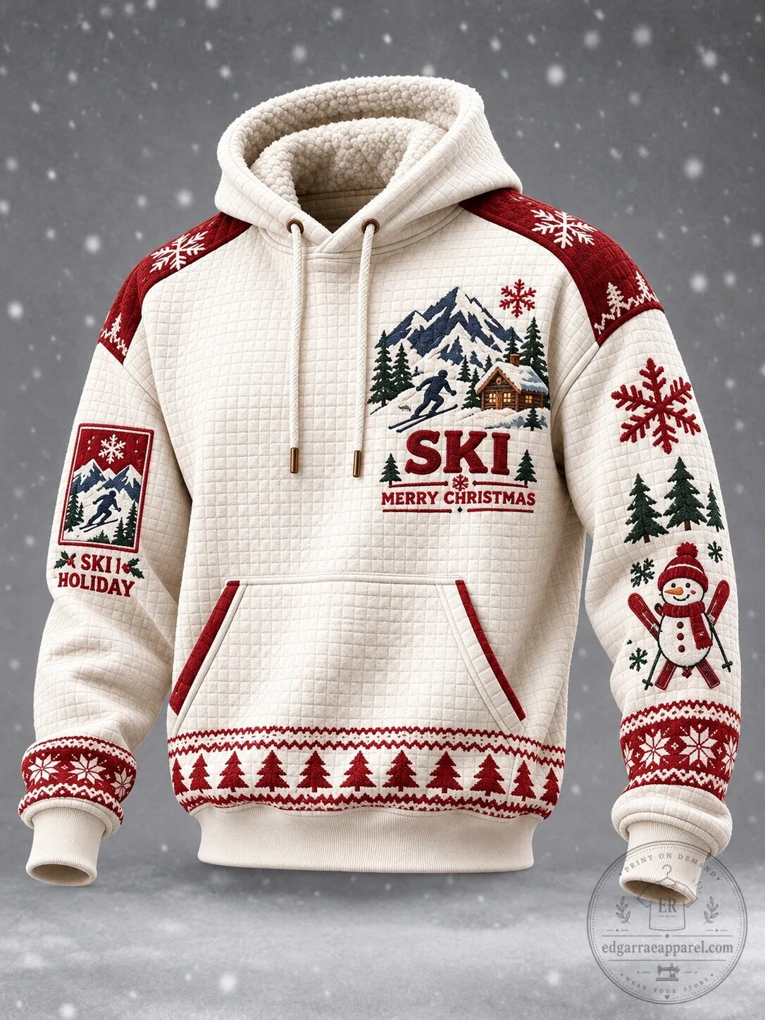 Ski Holiday Merry Christmas Winter Snowman Waffle Knit Hoodie