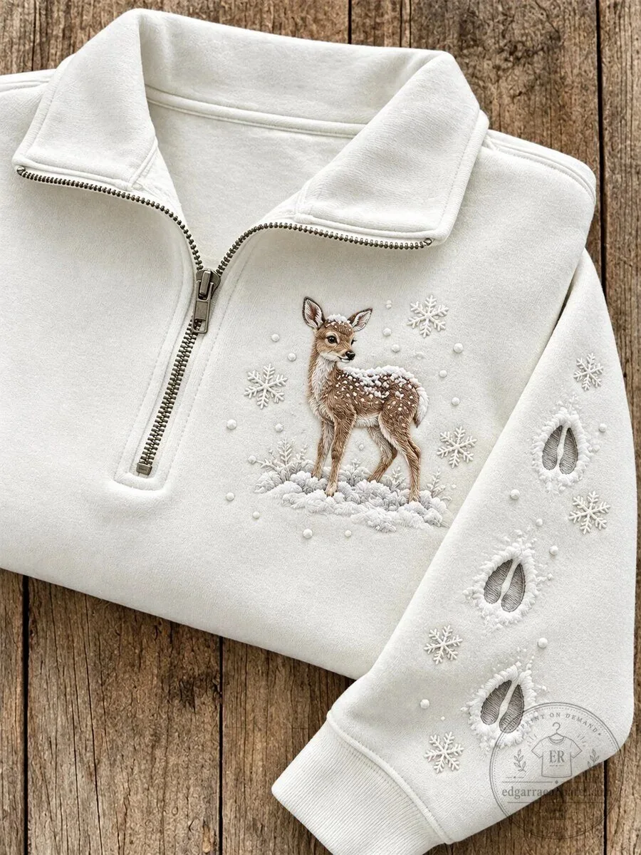 Embroidered Winter Fawn and Snowflake Quarter Zip Pullover Sweatshirt for Women