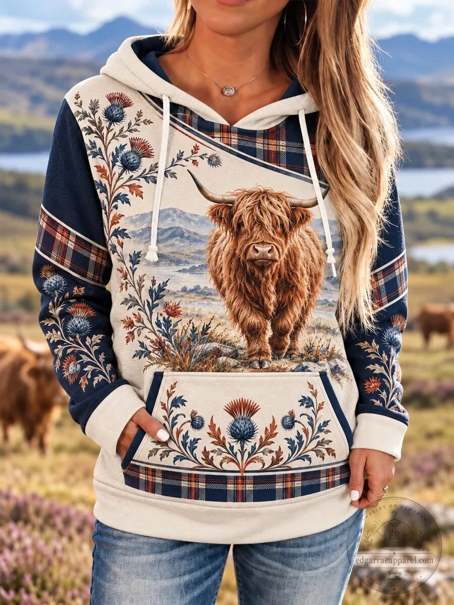 Highland Cow Plaid Print Casual Hoodie with Thistle Floral Design for Women