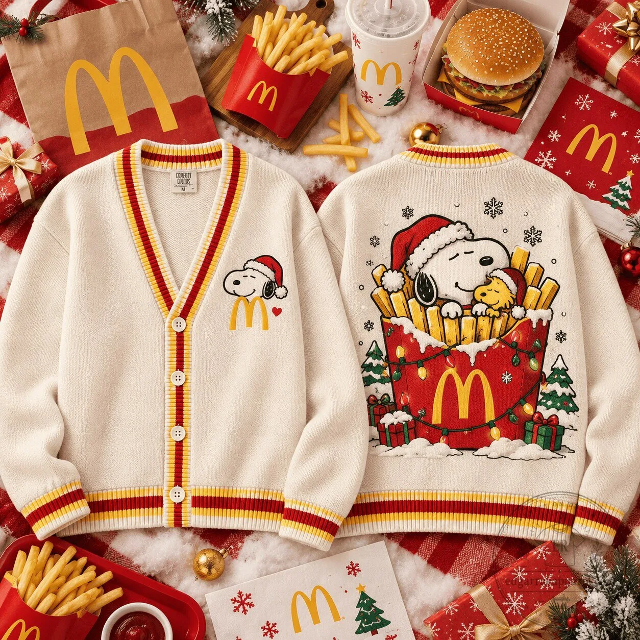 McDonald's Snoopy Christmas Fries Unisex V-Neck Knitted Fleece Cardigan With Button Closure
