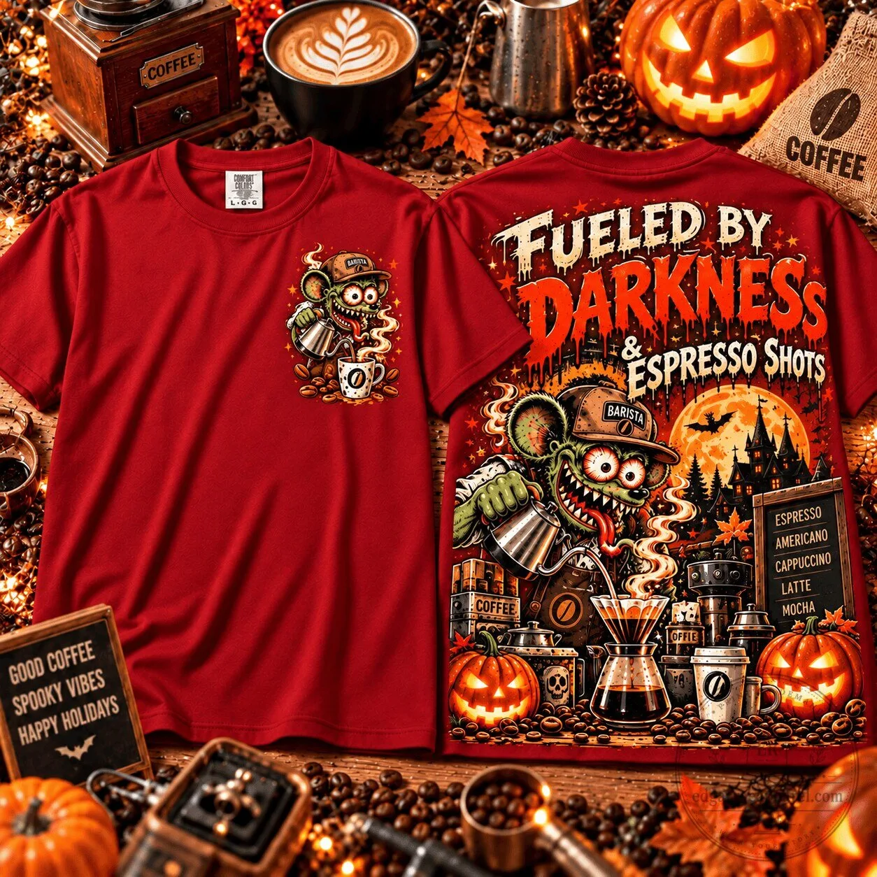 Rat Fink Fueled by Darkness Espresso Shots Halloween Barista T-Shirt